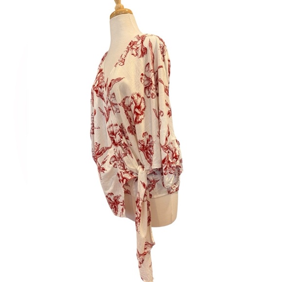 Zara Wrap Kimono Top Linen Blend Red White Toile Floral Print Puff Sleeve Large - Picture 4 of 12